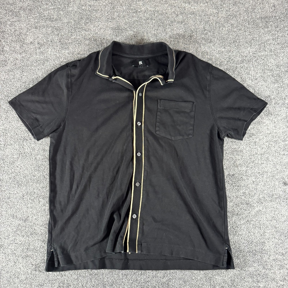 Banana Republic Button Up Polo Shirt Mens Large Black Short Sleeve High-Low Slit